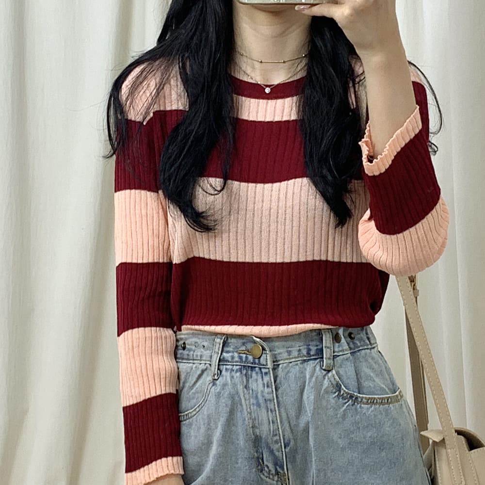 스트라이프 끝단 물결 티셔츠